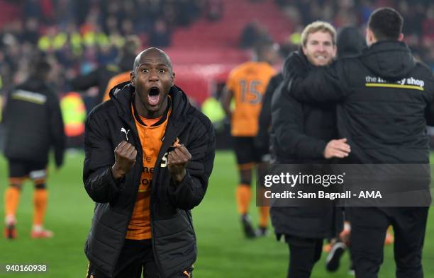 Benik Afobe of Wolverhampton Wanderers celebrates at full time during the Sky Bet Championship match between Middlesbrough and Wolverhampton...