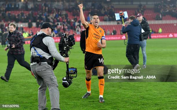 Conor Coady of Wolverhampton Wanderers celebrates at full time during the Sky Bet Championship match between Middlesbrough and Wolverhampton...
