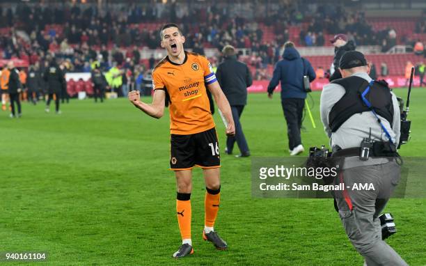 Conor Coady of Wolverhampton Wanderers celebrates at full time during the Sky Bet Championship match between Middlesbrough and Wolverhampton...