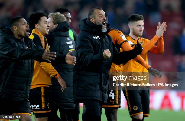 Wolverhampton Wanderers manager Nuno Espirito Santo celebrates after the final whistle during the Sky Bet Championship match at Riverside Stadium,...