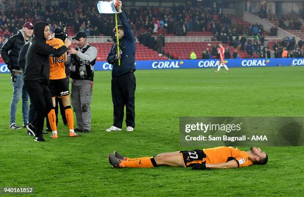 Romain Saiss of Wolverhampton Wanderers celebrates at full time during the Sky Bet Championship match between Middlesbrough and Wolverhampton...