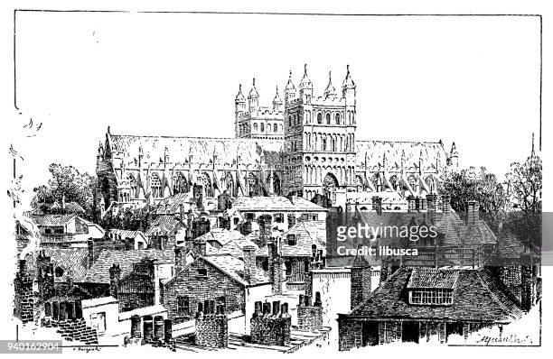 antique illustrations of england, scotland and ireland: exeter cathedral - exeter cathedral stock illustrations