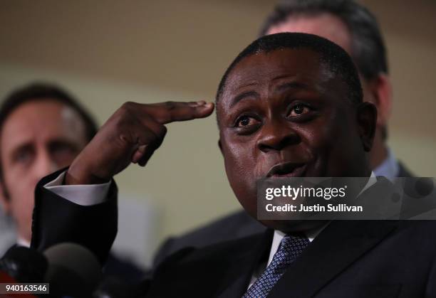 Dr. Bennet Omalu discusses results of his autopsy of Stephon Clark during a news conference at the Southside Christian Center on March 30, 2018 in...