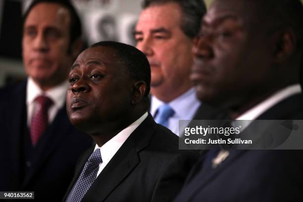 Dr. Bennet Omalu discusses results of his autopsy of Stephon Clark during a news conference at the Southside Christian Center on March 30, 2018 in...