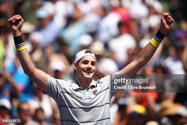 John Isner of the United States celebrates after his straight sets victory against Juan Martin Del Potro of Argentina in their semifinal match during...