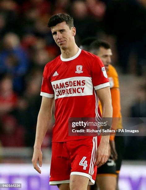 Middlesbrough's Daniel Ayala appears dejected after the final whistle during the Sky Bet Championship match at Riverside Stadium, Middlesbrough.