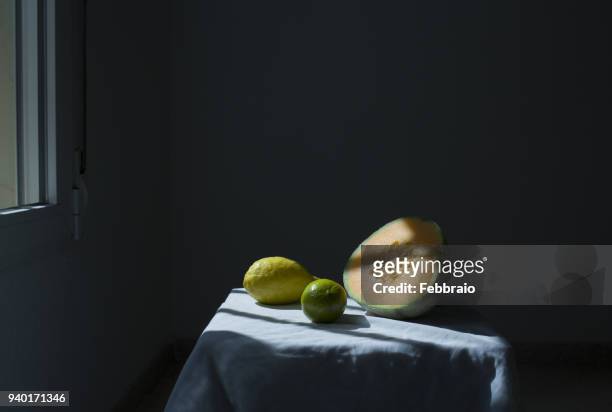 Still life of cantaloup, lime and lemon in shady light coming from a window