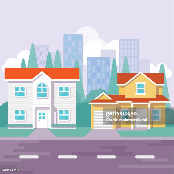 modern street illustration with different house - multiple pathways background stock illustrations