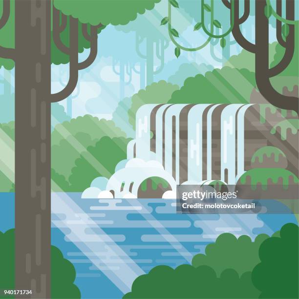 ilustraciones, imágenes clip art, dibujos animados e iconos de stock de ilustración de selva plana moderna de la naturaleza con estanque - waterfall