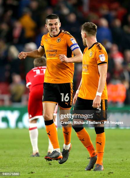 Wolverhampton Wanderers' Conor Coady and Wolverhampton Wanderers' Barry Douglas celebrate after the final whistle during the Sky Bet Championship...