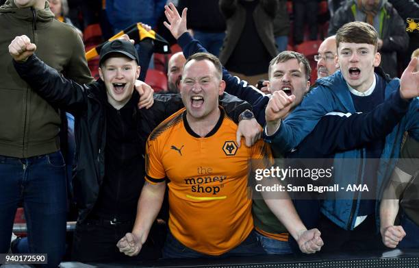 Fans of Wolverhampton Wanderers celebrate at full time during the Sky Bet Championship match between Middlesbrough and Wolverhampton Wanderers at...