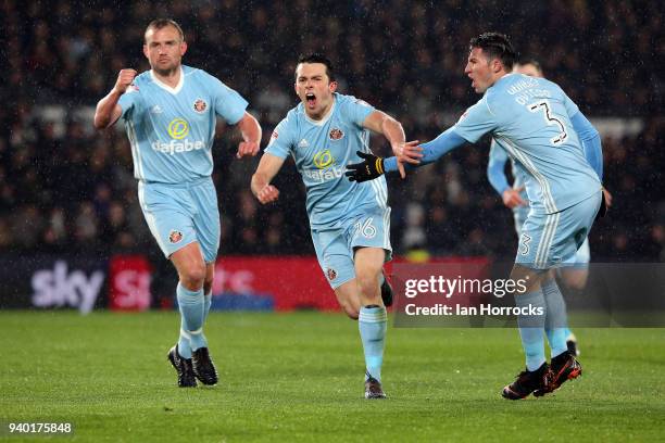 George Honeyman of Sunderland celebrates scoring the opening goal during the Sky Bet Championship match between Derby County and Sunderland at iPro...