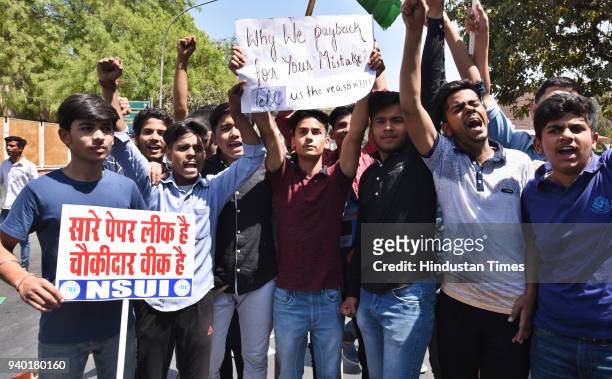 Supporters and class X & XII students protest against HRD Minister Prakash Javadekar and CBSE Board on the issue of papers leak near Javadekar's...