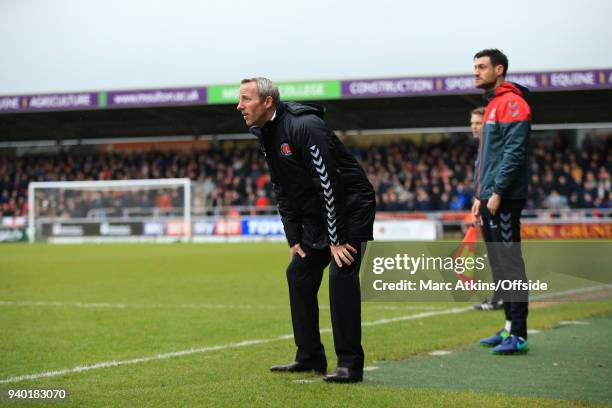 Charlton Athletic manager Lee Bowyer alongside assistant Johnnie Jackson during the Sky Bet League One match between Northampton Town and Charlton...