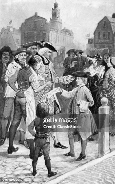 1700s 1710s BENJAMIN FRANKLIN AS A BOY SELLING NEWSPAPERS ON BOSTON STREETS