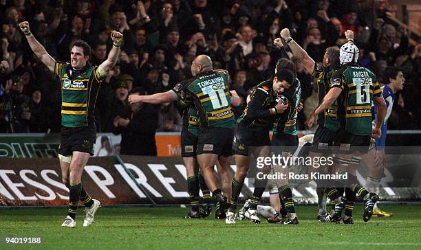 Northampton celebrate at the end of the Guinness Premiership match between Northampton Saints and Bath at Franklin's Gardens on December 5, 2009 in...