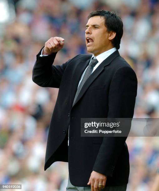 Fulham manager Chris Coleman gives instructions from the touchline during the Barclays Premiership match between Fulham and Everton at Craven Cottage...