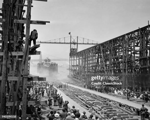 1910s 1940s LAUNCHING BATTLESHIP ARIZONA JUNE 1915 SHIP SUNK PEARL HARBOR DECEMBER 7 1941 BROOKLYN NAVY YARDS NEW YORK CITY USA