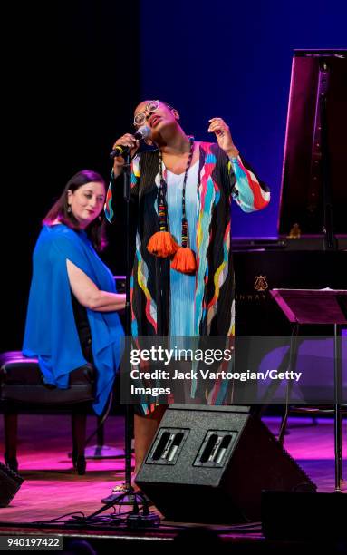 American jazz vocalist Cecile McLorin Salvant performs with the Woman to Woman Band with Canadian band leader and pianist Renee Rosnes at Kaufmann...