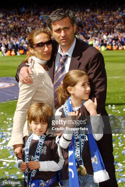 Chelsea manager Jose Mourinho with his family, wife Tami, son Jose Junior and daughter Matilde, following their FA Barclays Premiership title victory...