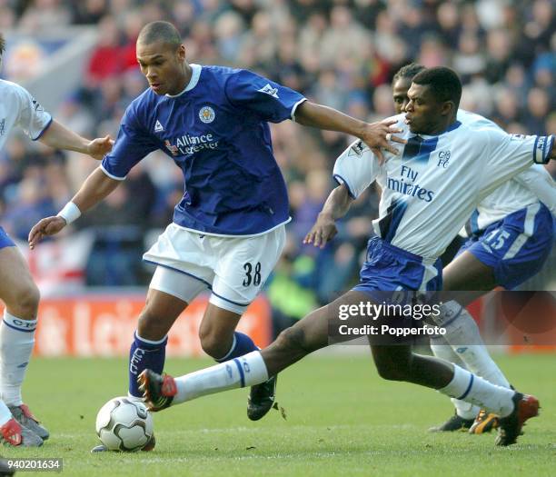 Marcel Desailly of Chelsea tackles Marcus Bent of Leicester City during the FA Barclaycard Premiership match between Leicester City and Chelsea at...