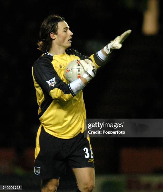 Manchester City goalkeeper Kevin Stuhr Ellegaard in action during the FA Cup third round replay match between Leicester City and Manchester City at...