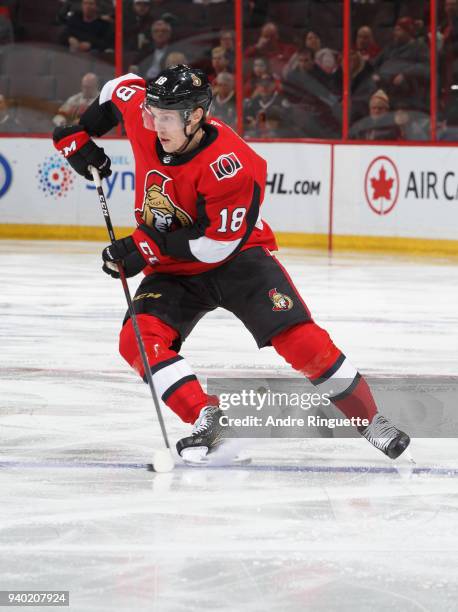 Ryan Dzingel of the Ottawa Senators skates against the New York Islanders at Canadian Tire Centre on March 27, 2018 in Ottawa, Ontario, Canada.