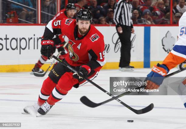 Zack Smith of the Ottawa Senators skates against the New York Islanders at Canadian Tire Centre on March 27, 2018 in Ottawa, Ontario, Canada.