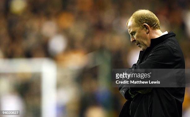 Gary Megson, manager of Bolton Wanderers looks on during the Barclays Premier League match between Wolverhampton Wanderers and Bolton Wanderers at...