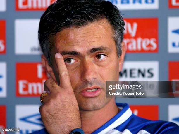 Newly appointed Chelsea football coach Jose Mourinho gives a press conference at Chelsea's training grounds at Harlington in London on July 5, 2004.