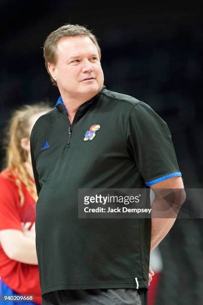 Head coach Bill Self of the Kansas Jayhawks looks on during Practice Day for the 2018 NCAA Photos via Getty Images Men's Final Four at the Alamodome...