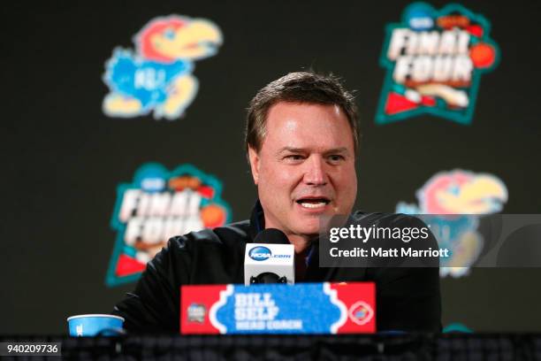 Head coach Bill Self of the Kansas Jayhawks speaks to the press during Practice Day for the 2018 NCAA Photos via Getty Images Men's Final Four at the...