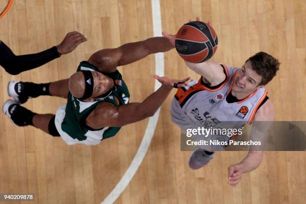 Aaron Doornekamp, #42 of Valencia Basket competes with Adreian Payne, #6 of Panathinaikos Superfoods Athens during the 2017/2018 Turkish Airlines...