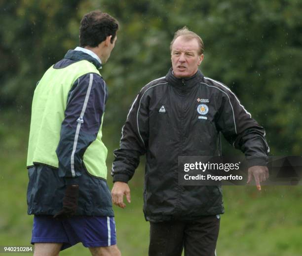 Dave Bassett, the acting Leicester City manager with Martin Keown during a training session at the Belvioir Drive training ground in Leicester on...