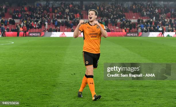 Ryan Bennett of Wolverhampton Wanderers celebrates at full time during the Sky Bet Championship match between Middlesbrough and Wolverhampton...