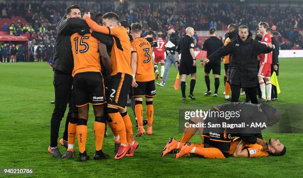 Players of Wolverhampton Wanderers celebrate at full time during the Sky Bet Championship match between Middlesbrough and Wolverhampton Wanderers at...