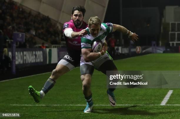 Alex Tait of Newcastle Falcons scores his team's third try during the European Rugby Challenge Cup Quarter-Final match between Newcastle Falcons and...