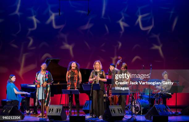 The Woman to Woman band with, from left, Music Director Renee Rosnes on piano, vocalist Cecile McLorin Salvant, Anat Cohen on clarinet, Ingrid Jensen...