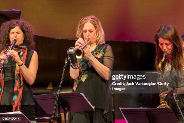 Members of the Woman to Woman band with, from left, Israeli clarinetist Anat Cohen, Canadian trumpet player Ingrid Jensen, and Chilean tenor...