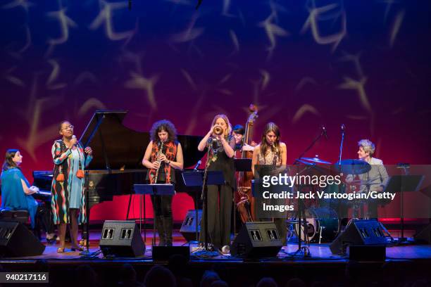 The Woman to Woman band with, from left, Music Director Renee Rosnes on piano, vocalist Cecile McLorin Salvant, Anat Cohen on clarinet, Ingrid Jensen...