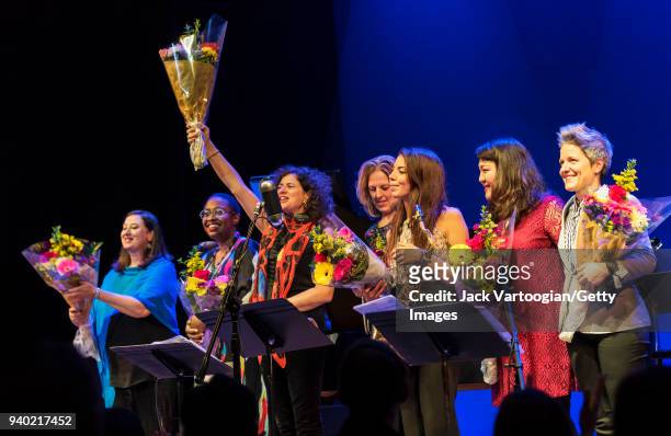 The Woman to Woman band with, from left, Music Director Renee Rosnes on piano, vocalist Cecile McLorin Salvant, Anat Cohen on clarinet, Ingrid Jensen...