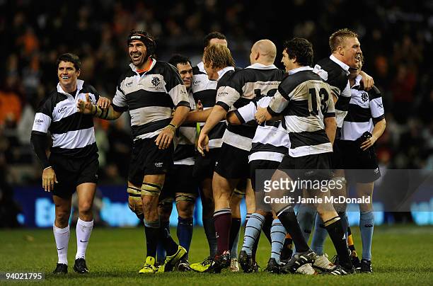 Victor Matfield of the Barbarians leads team celebrations after victory during the MasterCard Trophy match between Barbarians and New Zealand at...
