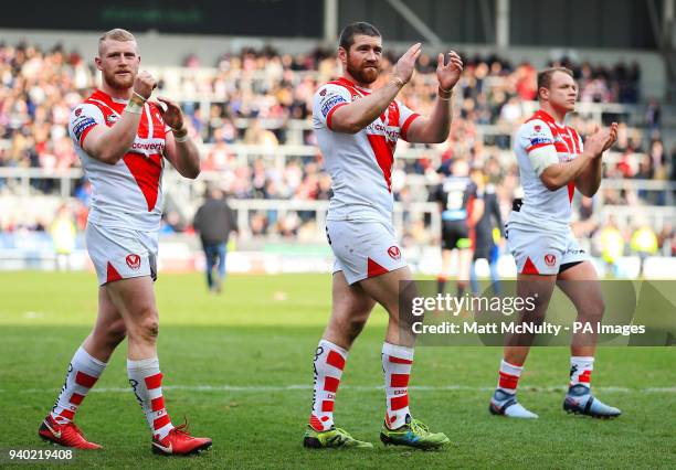 St Helens' Luke Douglas and teammates acknowledge the fans after the Super League match at the Totally Wicked Stadium, St Helens.