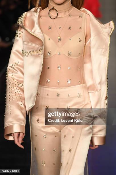 Model, fashion detail, walks the runway at the Zeynep Tosun show during Mercedes Benz Fashion Week Istanbul at Zorlu Performance Hall on March 30,...