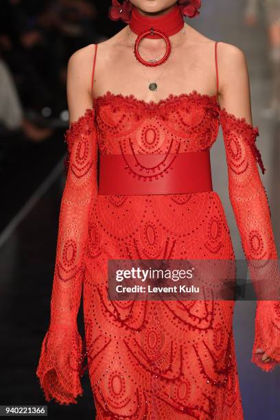 Model, fashion detail, walks the runway at the Zeynep Tosun show during Mercedes Benz Fashion Week Istanbul at Zorlu Performance Hall on March 30,...