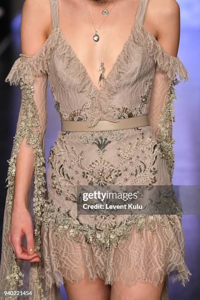 Model, fashion detail, walks the runway at the Zeynep Tosun show during Mercedes Benz Fashion Week Istanbul at Zorlu Performance Hall on March 30,...