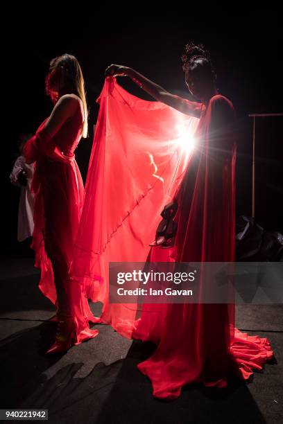 Models backstage ahead of the Zeynep Tosun show during Mercedes Benz Fashion Week Istanbul at Zorlu Performance Hall on March 30, 2018 in Istanbul,...