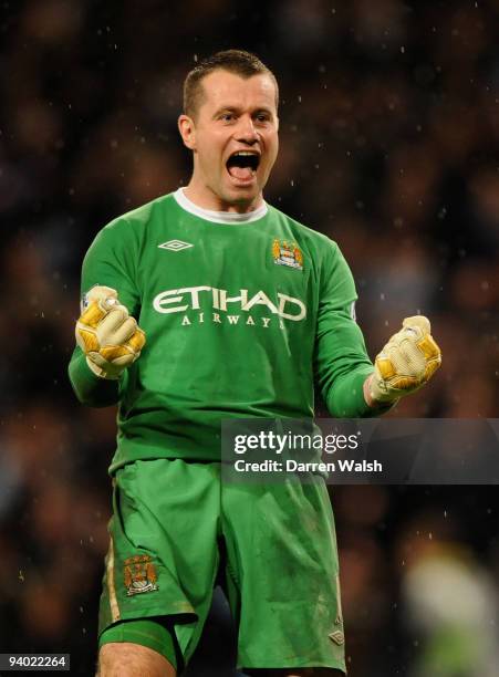 Shay Given of Manchester City celebrates at the end of the Barclays Premier League match between Manchester City and Chelsea at the City of...