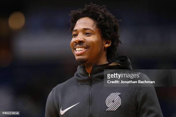 Ed Davis of the Portland Trail Blazers reacts before a game against the New Orleans Pelicans at the Smoothie King Center on March 27, 2018 in New...