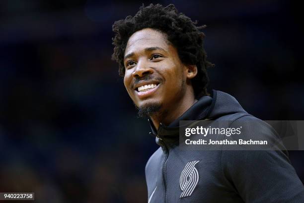 Ed Davis of the Portland Trail Blazers reacts before a game against the New Orleans Pelicans at the Smoothie King Center on March 27, 2018 in New...